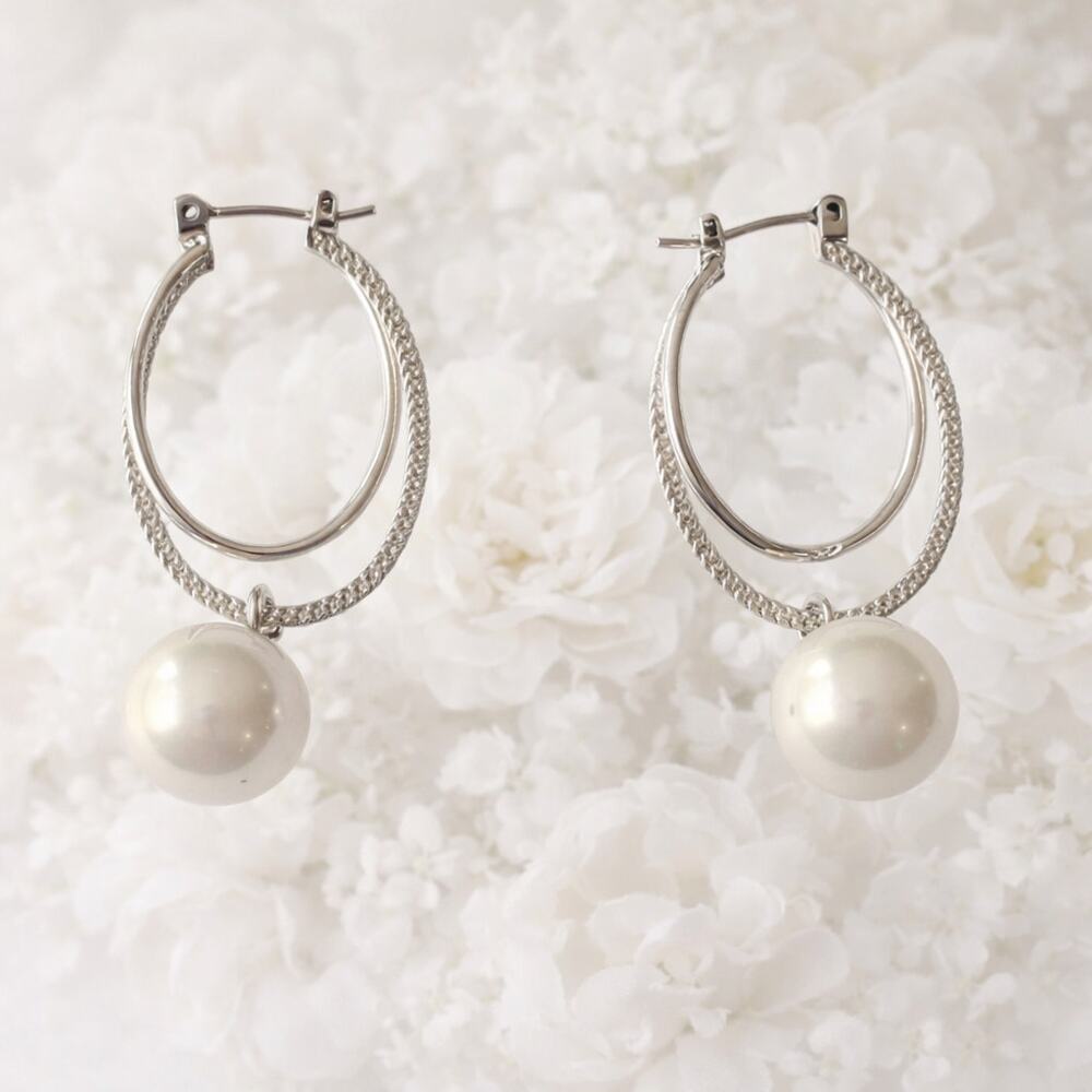 925 Sterling Silver Textured Hoop Earrings with Faux Pearl Drop